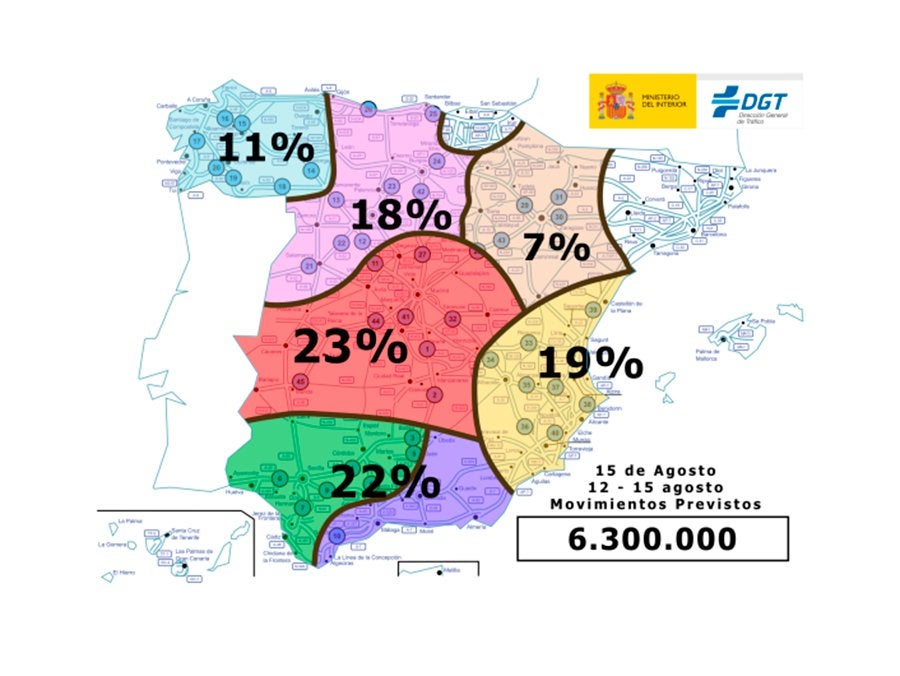 Mapa con la previsión de desplazamientos de la DGT para el puente de agosto de 2016.