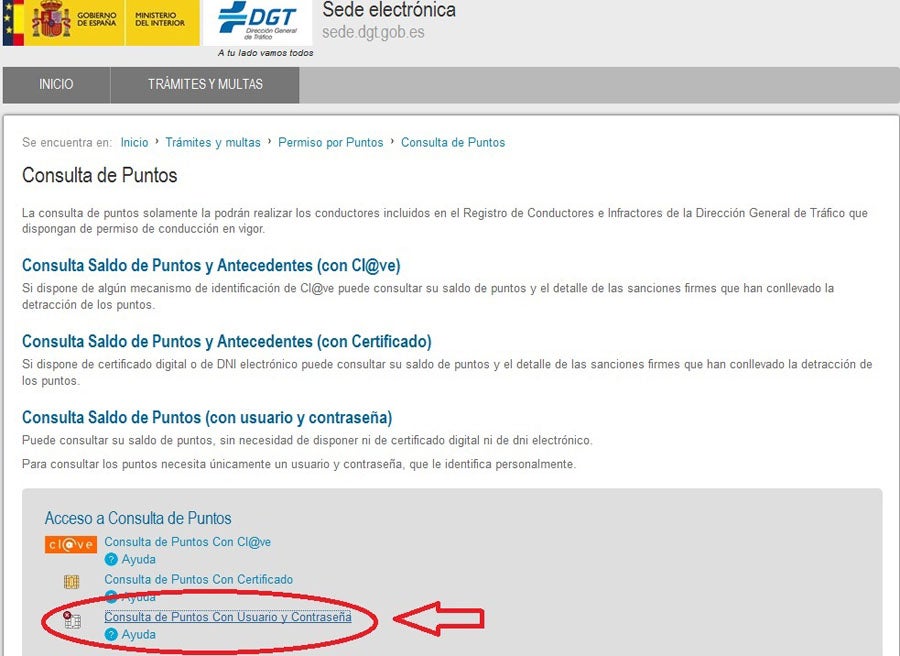 Si es la primera vez que accedemos, hay que hacer click en “Consulta de Puntos con Usuario y Contraseña”.