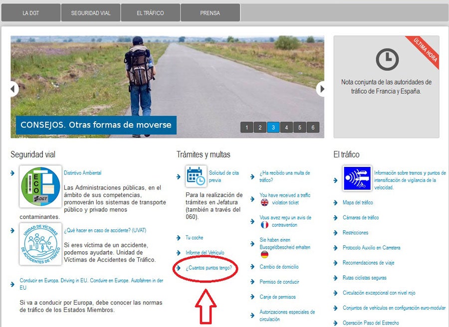 Debemos acceder a la web de la DGT y hacer click en "¿Cuántos puntos tengo?"