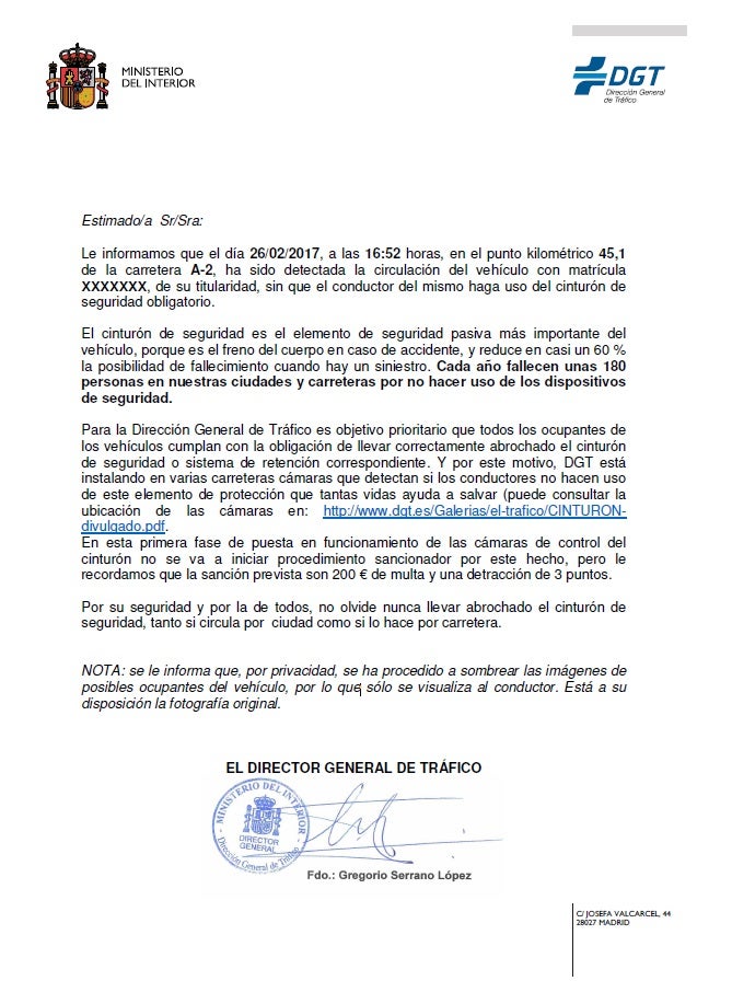 Notificación de Tráfico por no usar cinturón de seguridad.