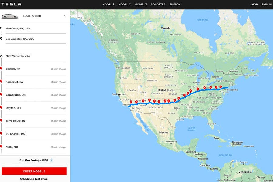 Tesla trip planer nos mostrará en pantalla la ruta y los puntos donde debemos parar a repostar.