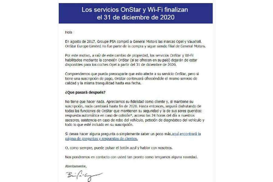 Carta de Opel a los clientes de OnStar.