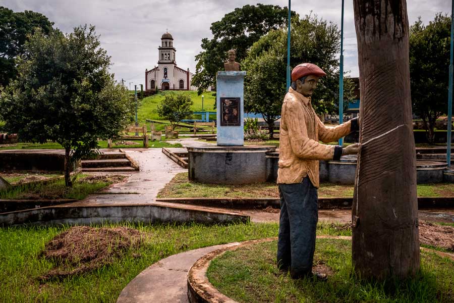 Una estatua de un hombre obteniendo caucho decora Fordlandia. (NY TIMES)