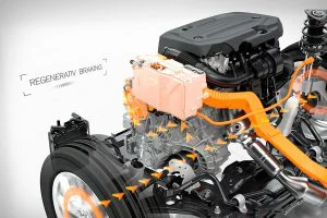 En un coche híbrido o eléctrico, tenemos dos sistemas de frenado, el hidráulico convencional y una frenada regenerativa.
