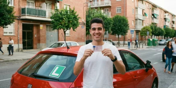 Un conductor novel enseña su carnet de conducir en una calle residencial