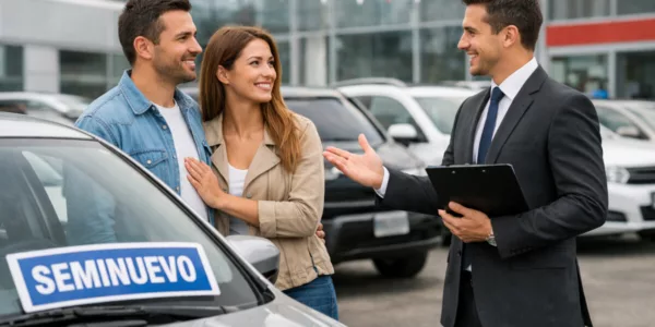 Una pareja en un concesionario de coches seminuevos junto a un vendedor